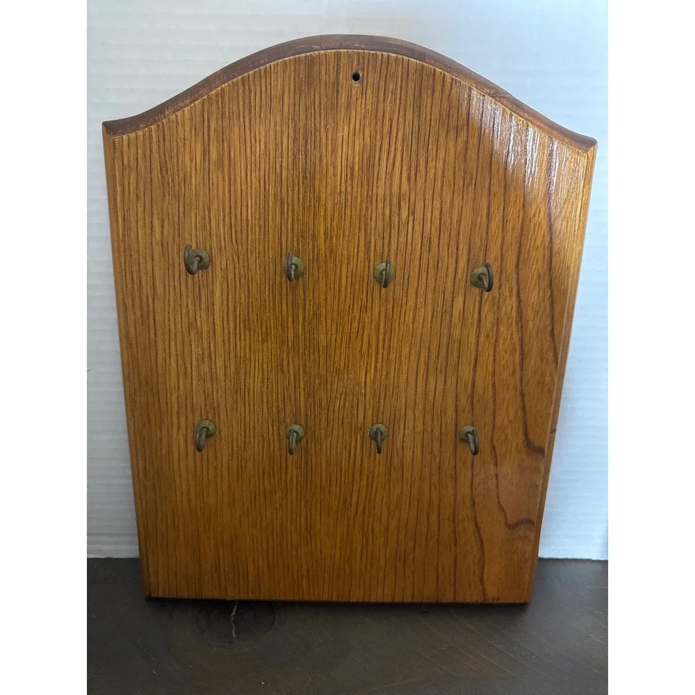 Vintage Arched Oak Wood Wall Mounted Key Rack Holder 8 Metal Hooks 12x9